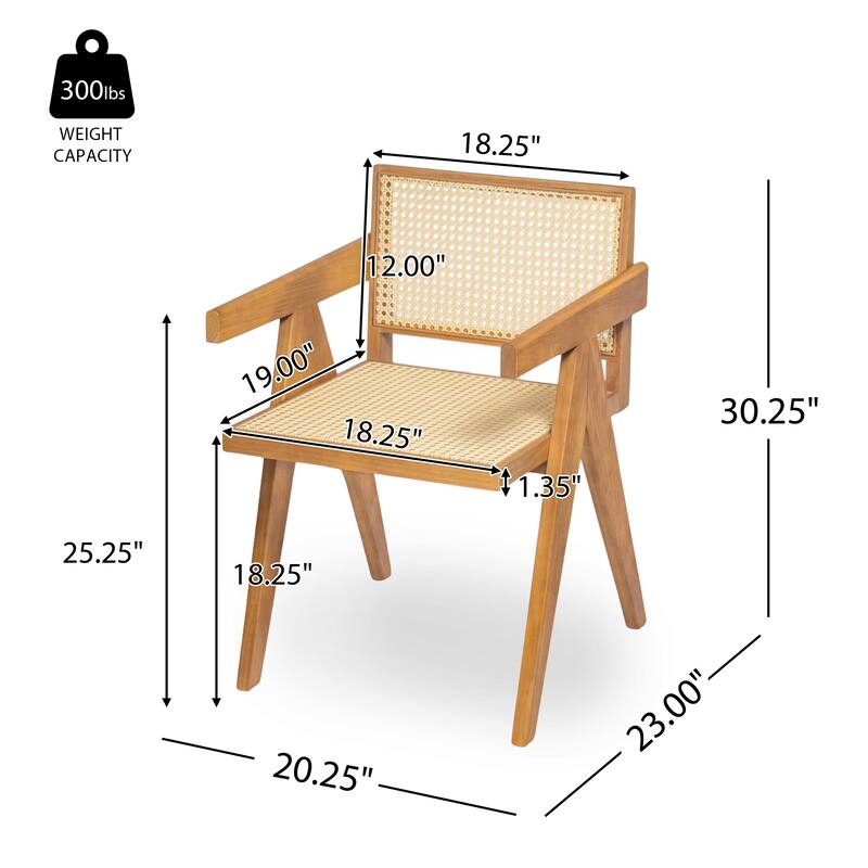 Roomfitters Chandigarh Solid Wood Dining Armchair with Natural Rattan Cane Back, Natural Set of 2