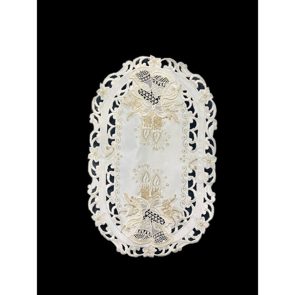 Christmas Candle Beige Lace Embroidered Cutwork Placemat, 12x17"