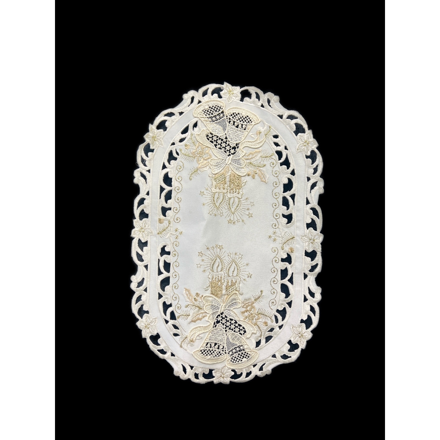 Christmas Candle Beige Lace Embroidered Cutwork Placemat, 12 by 17 inch