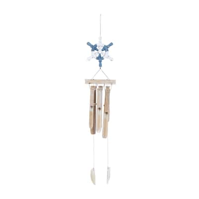 Bamboo Wood Ship Wheel Handmade Windchime with Log Chimes - Blue - Roche River Decor