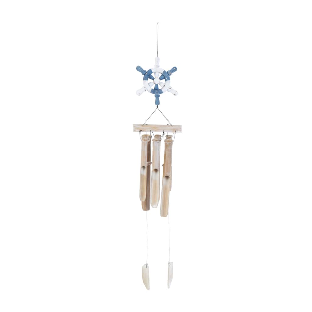 Bamboo Wood Ship Wheel Handmade Windchime with Log Chimes - Blue - Roche River Decor