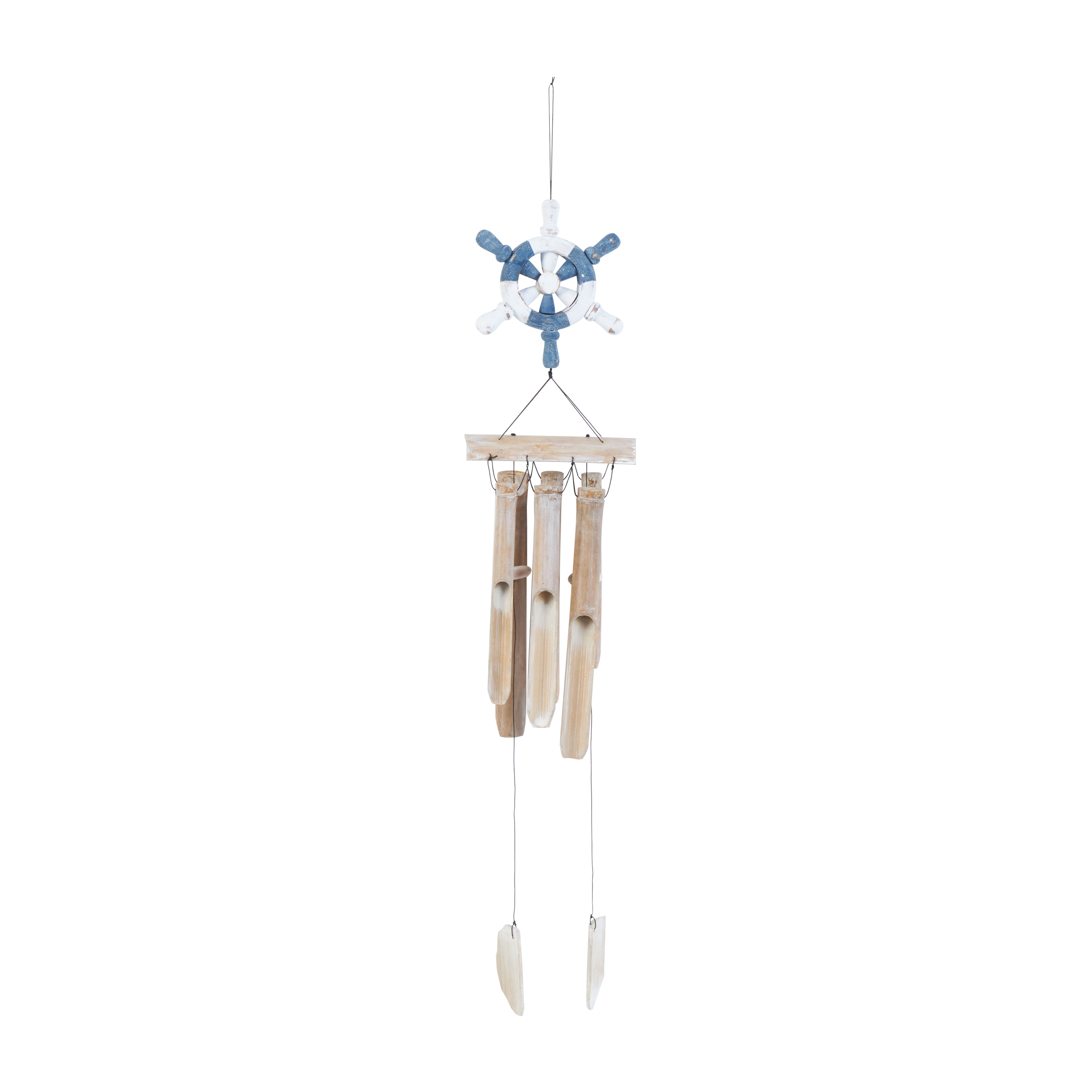 Bamboo Wood Ship Wheel Handmade Windchime with Log Chimes - Blue - Roche River Decor