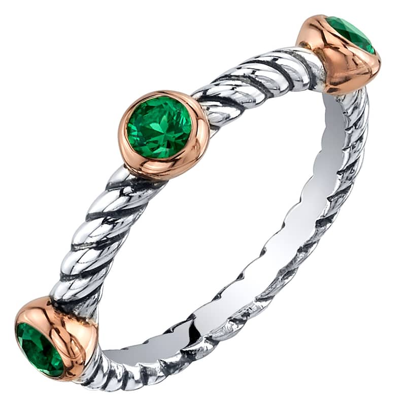 Sterling Silver Simulated Emerald 3-Stone Cable Rope Stackable Ring