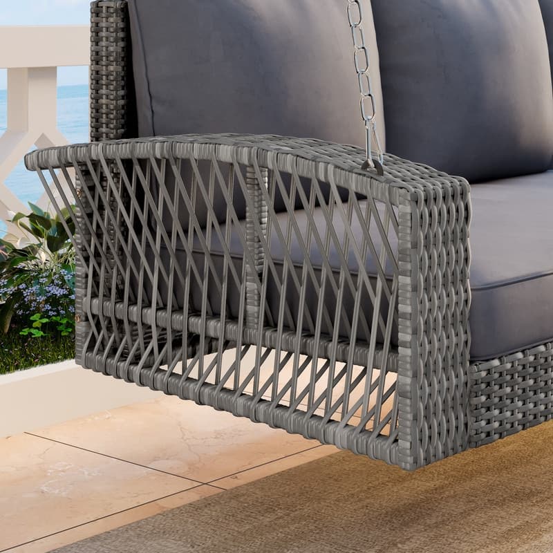 PE Wicker 3-Person Porch Swing with Chains, Swing Bench with Cushions
