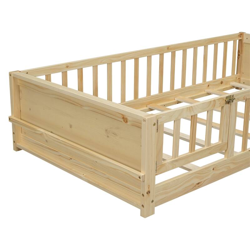 Twin Size Wood Platform Bed with Built-in Book Storage Rack and Door
