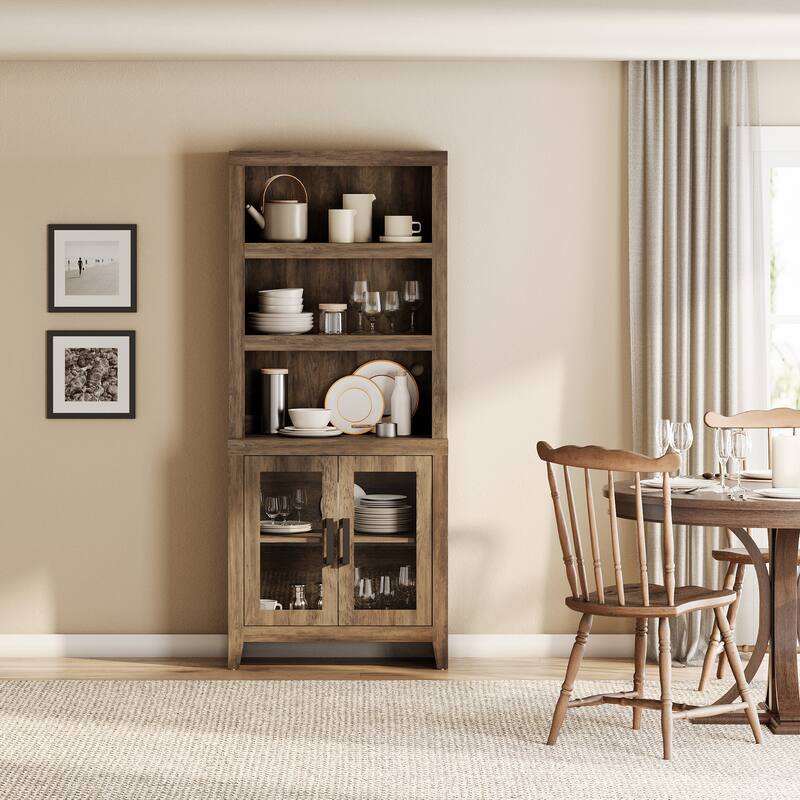 WAMPAT 3 Tier Bookshelf with Glass Door, 74" Tall Bookcase with Adjustable Shelf and Storage Cabinet, Farmhouse Wooden Bookshelf