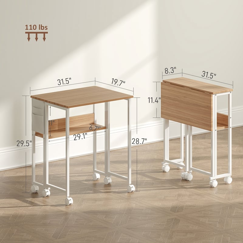 Mobile Foldable Desk with Storage Shelf and Drop-Leaf Design for Narrow Spaces and Home or Office