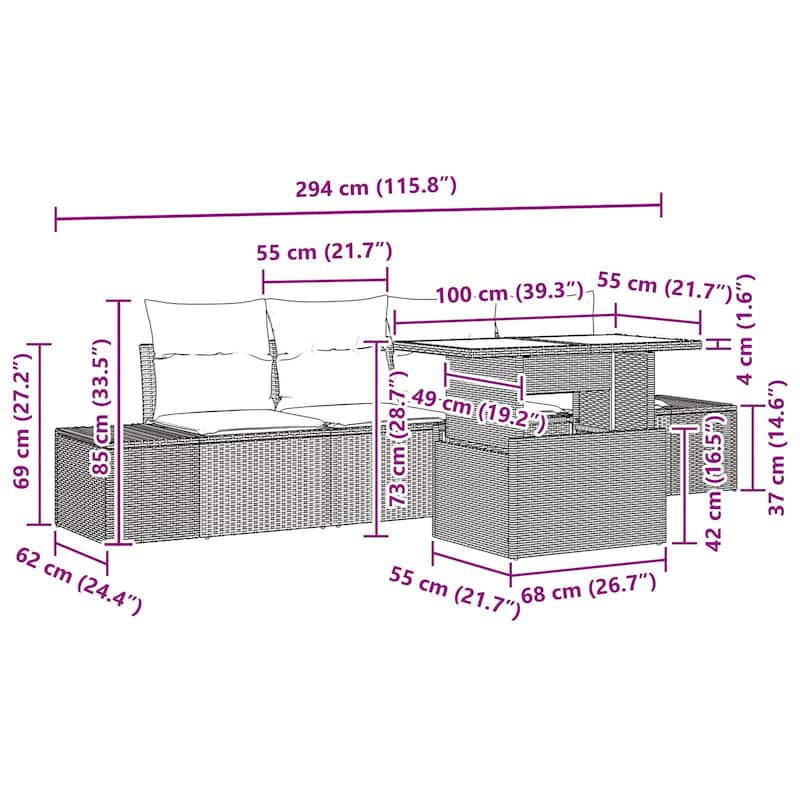 vidaXL 5 Piece Garden Sofa Set with Cushions - 115.8×24.4×27.2