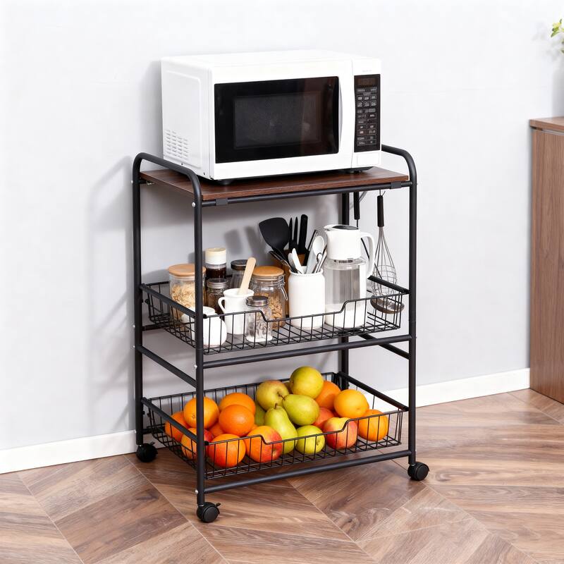 HOMCOM 24" 3-Tier Rolling Kitchen Cart, Utility Storage Trolley with 2 Basket Drawers, Side Hooks for Dining Room