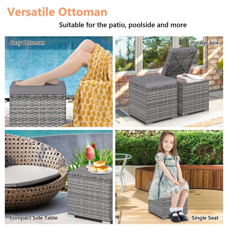 Costway 2PCS Patio Rattan Ottomans Seat Side Table Storage Box - See Details