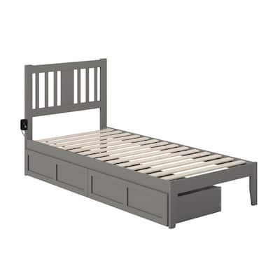 Twin XL Bed with USB Charger & Storage - Grey Wood Platform Bed Frame - No Box Spring Needed