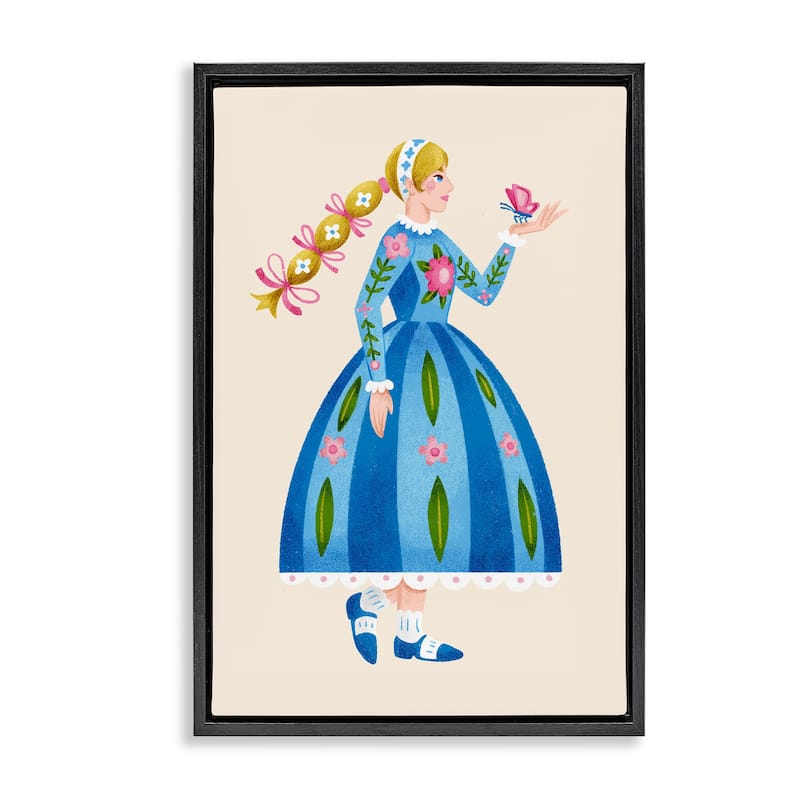 Stupell Blonde Folk Girl & Butterfly Framed Floater Canvas Wall Art Design By Hannah Moren - 21 x 31 - Black
