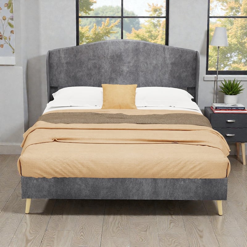 Velvet Upholstered Bed Frame with Tufted Headboard, Luxury Platform Bed for Master Bedroom - Grey - Full