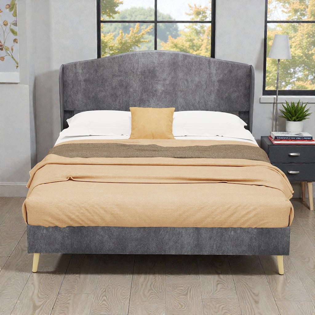 Velvet Upholstered Bed Frame with Tufted Headboard, Luxury Platform Bed for Master Bedroom