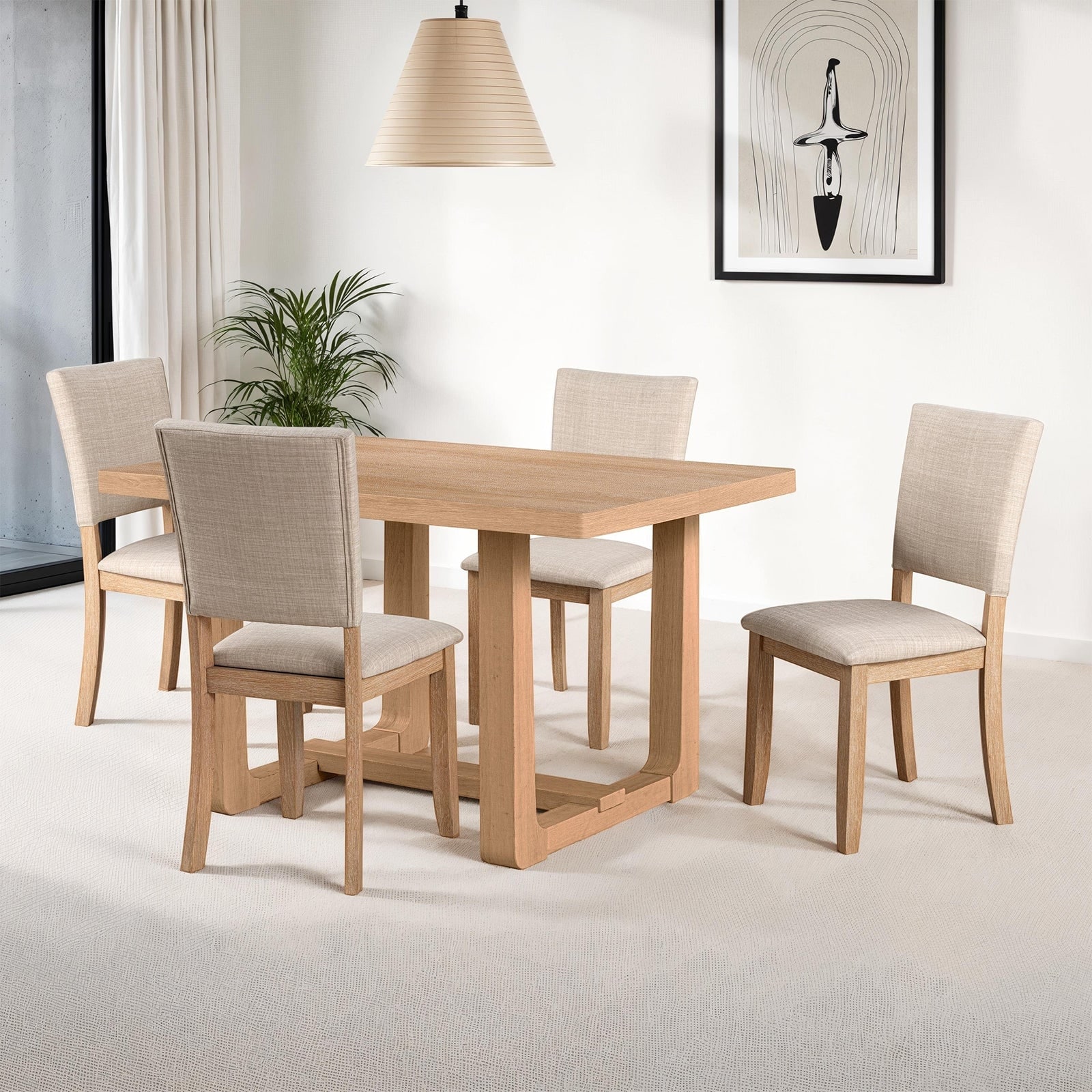 Classic Natural Finish 5pc Rectangural Top Dining Set Trestle Base Table and Chairs