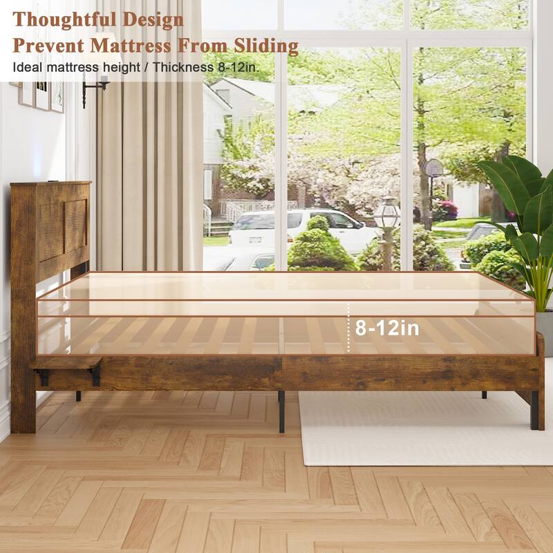 Bed Frame with Headboard LED Lights Side Tables and Underbed Storage