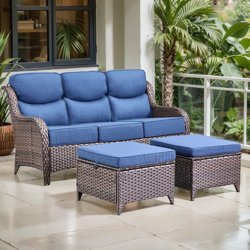 Arcadia 3-Seat Wicker Patio Sofa with 6-Inch Thick Cushions and 2 Ottomans - Navy Blue Cushions - Brown Wicker