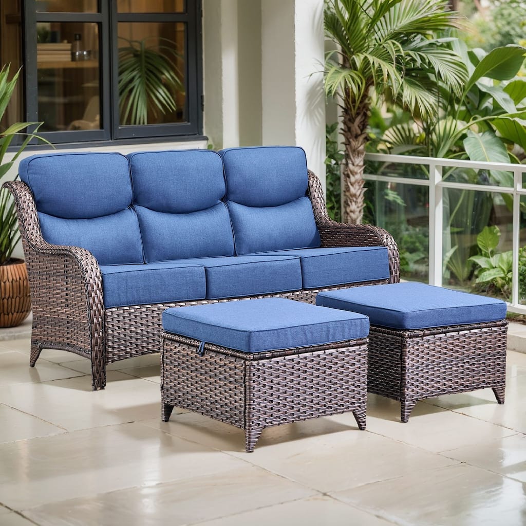 Arcadia 3-Seat Wicker Patio Sofa with 6-Inch Thick Cushions and 2 Ottomans