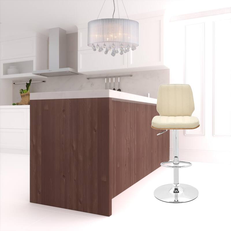Cream Faux Leather Swivel Bar Chair with Chrome Steel Frame and Adjustable Height - 20” D x 17” W x 44” H