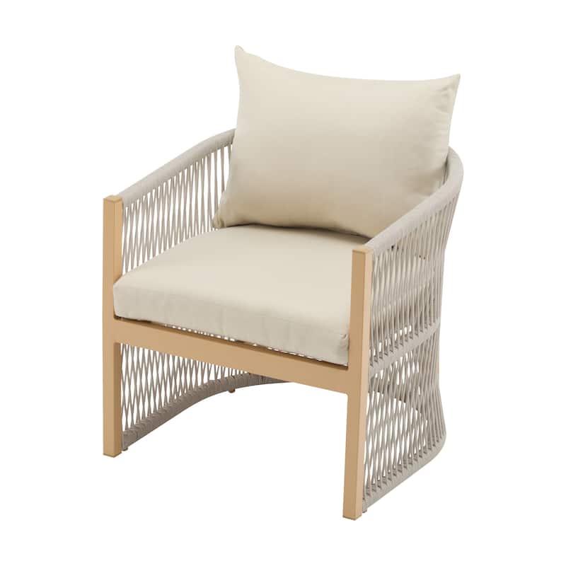 [Set of 2] Modern Beige Curved Aluminum Lounge Chair w/ Stylish Rope-Weave Design & Cushioned Comfort for Backyard, Poolside