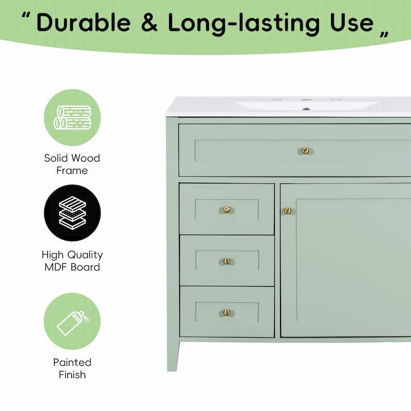 Bathroom Vanity with Sink, Modern MDF and Rubberwood Cabinet with 3 Drawers and Adjustable Shelf