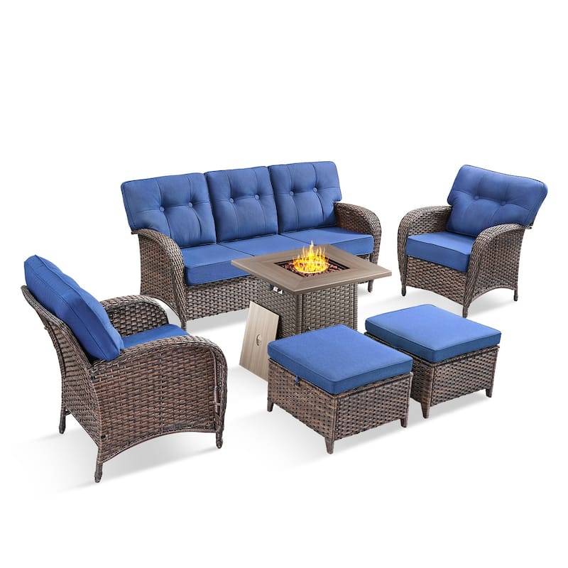 Pocassy Ooutdoor Fire Pit Table with Sofa Patio Chair Ottoman Set