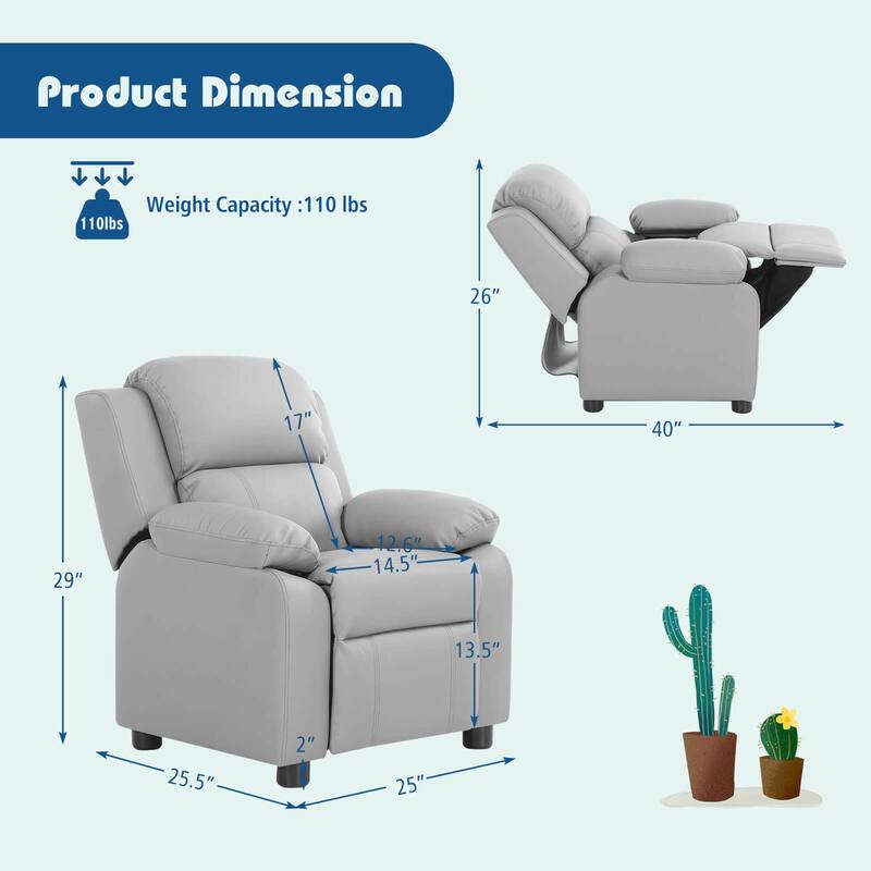 Deluxe Padded Kids Sofa Armchair Recliner Headrest Children w/ Storage - Single