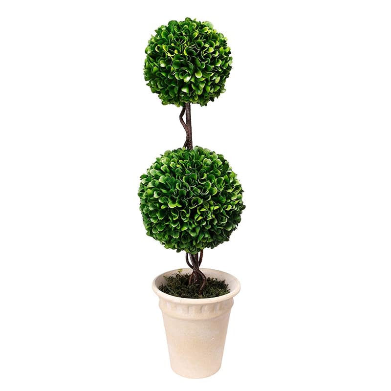 D7x22"H Two-Tiered Faux Boxwood Sphere Topiary in Cream Pot