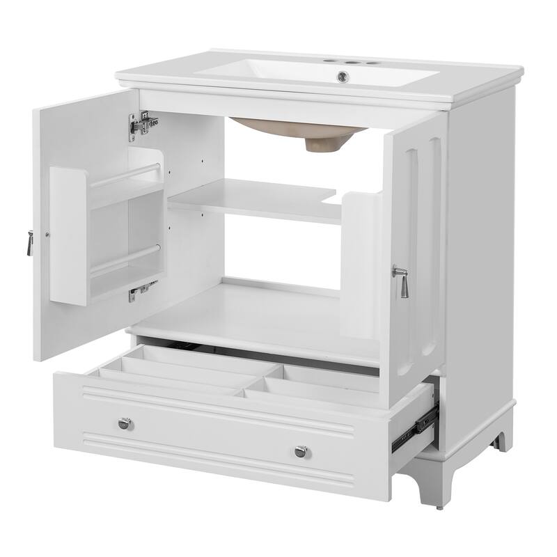 30" Bathroom Vanity with Ceramic Sink, Solid Wood Frame Bathroom Sink Cabinet with Adjustable Shelf, Drawer with Divider