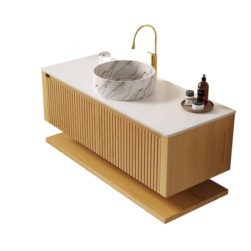 Floating Bathroom Vanity with Sink, Wall-Mounted Sintered Stone Countertop Bathroom Cabinet, Marble Pattern Ceramic Basin