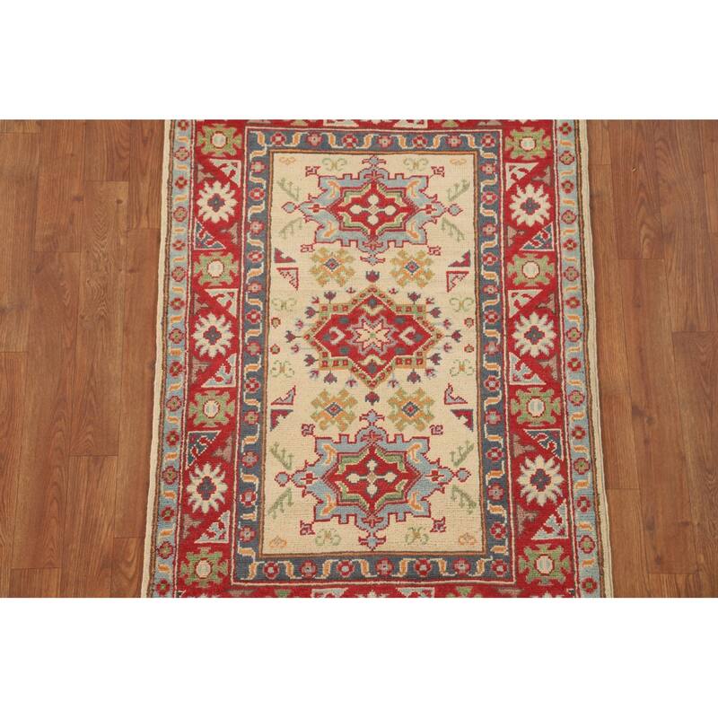 Geometric Yellow Kazak Accent Rug Handmade Traditional Wool Carpet - 2'8" x 4'0"