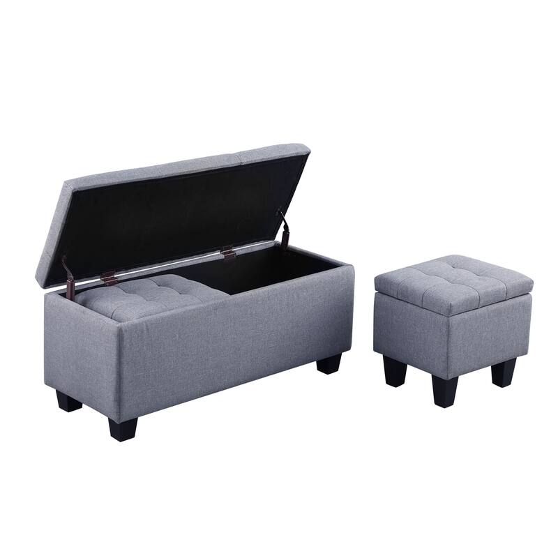 3 in 1 Large Upholstered Fabric Storage Ottoman Bench Set, Gray