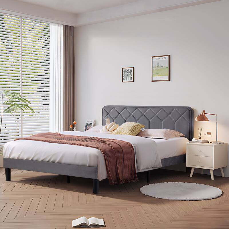 VECELO Adjustable Height Velvet Headboard Grey Bed Frame with Diamond Tufted Twin/Full/Queen Sizes Frame with Center Support Leg