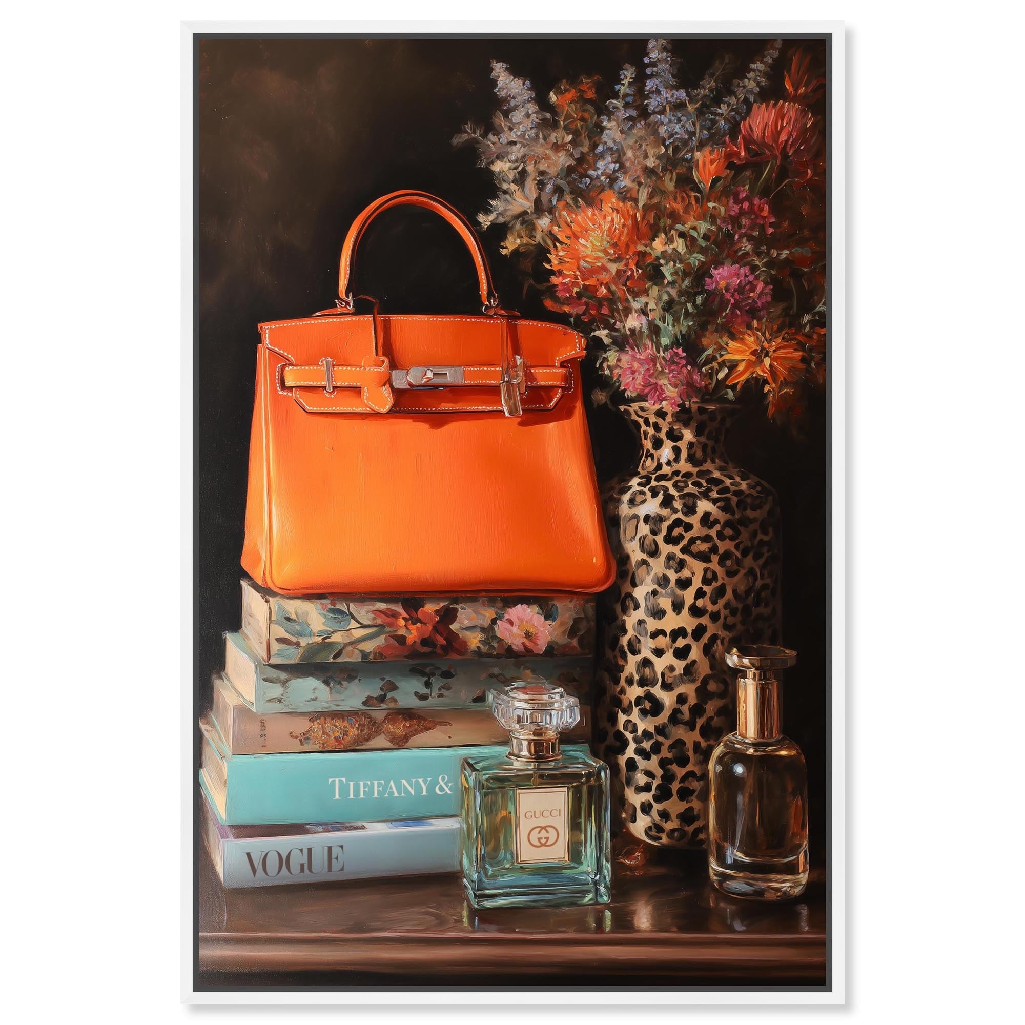 Purse on Books Cheetah Vase Glam Art Framed Canvas Print by Art Remedy