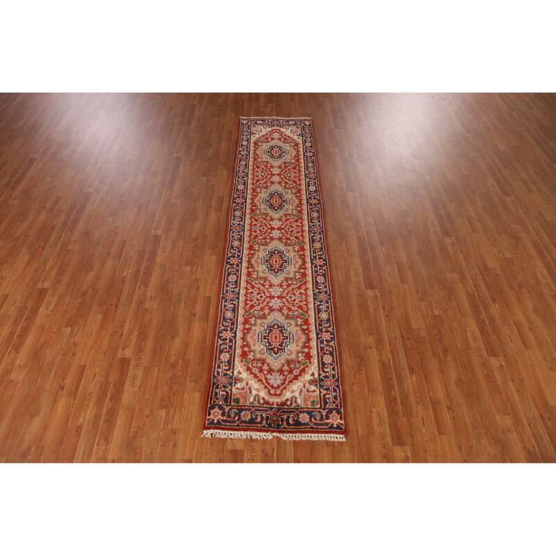 Geometric Heriz Serapi Style Runner Rug Handmade Red Wool Carpet - 2'5" x 10'1"
