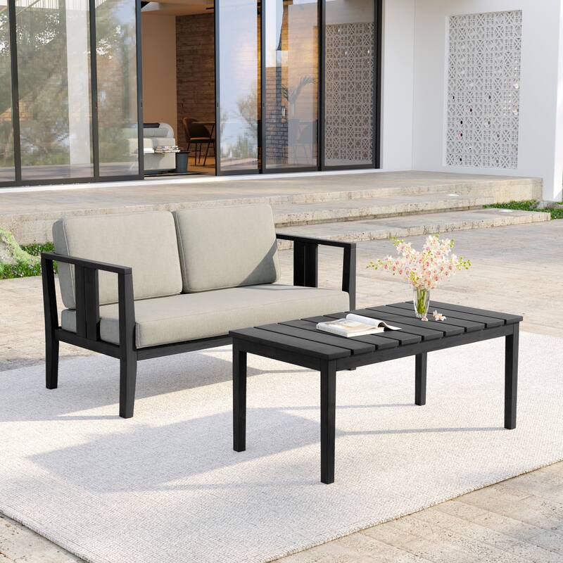 Casual 53"W Outdoor Patio Loveseat Set In Solid Teak Wood with Cushion