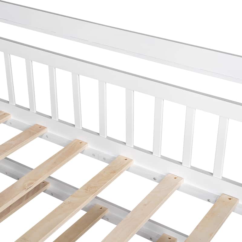 Twin House Bed with Trundle and Storage Shelves, Playful Kids Bed with Roof
