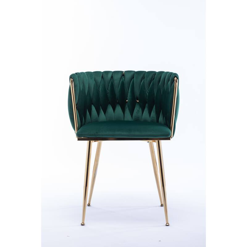 Velvet Fabric Dining Chairs Set of 2, Ergonomic Upholstered Lounge Chair, Accent Chairs with Woven Back & Metal Legs