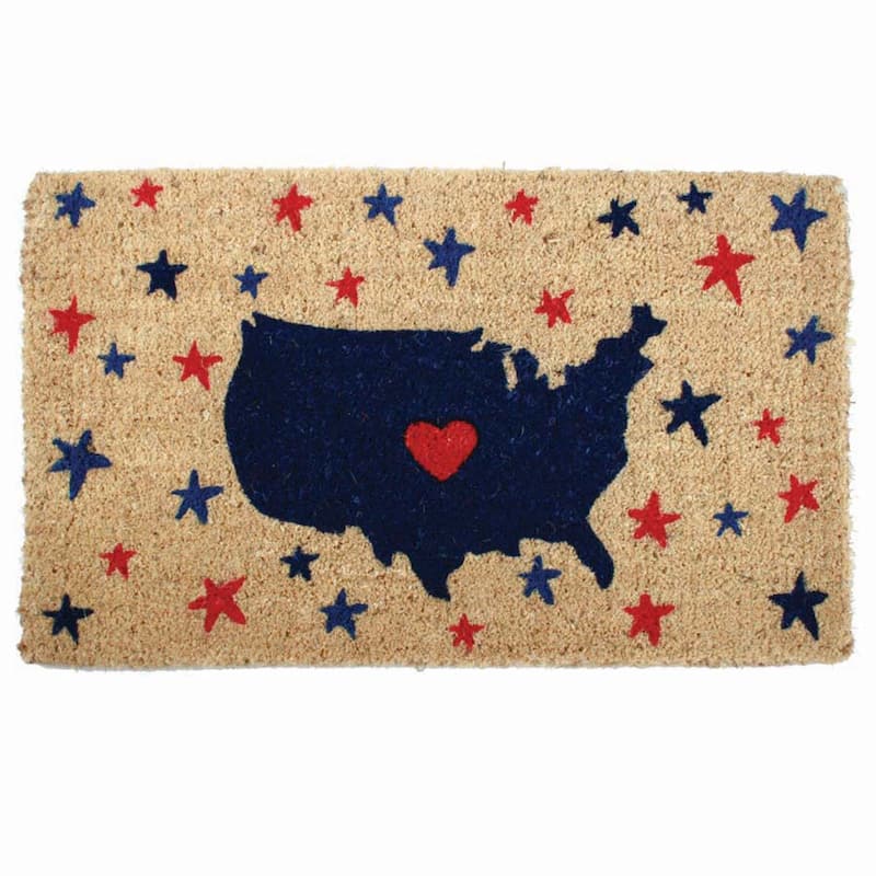 1'6"x2'6" Red White Blue USA Map with Stars Rectangle Indoor and Outdoor Coir Door Welcome Mat Beige Background