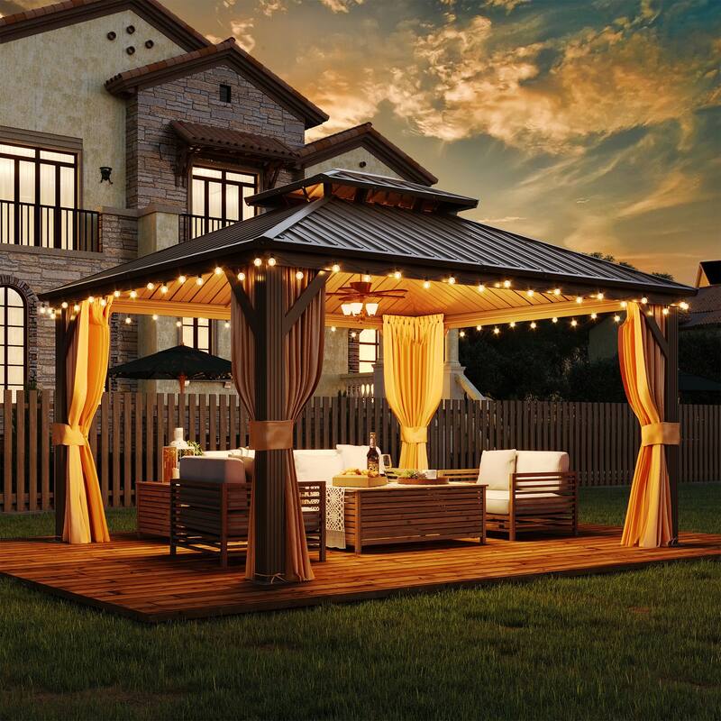 EROMMY 12x14 Outdoor Hardtop Gazebo w a Galvanized Steel Double Roof and Aluminum Frame, Enhanced with Curtains and Nettings