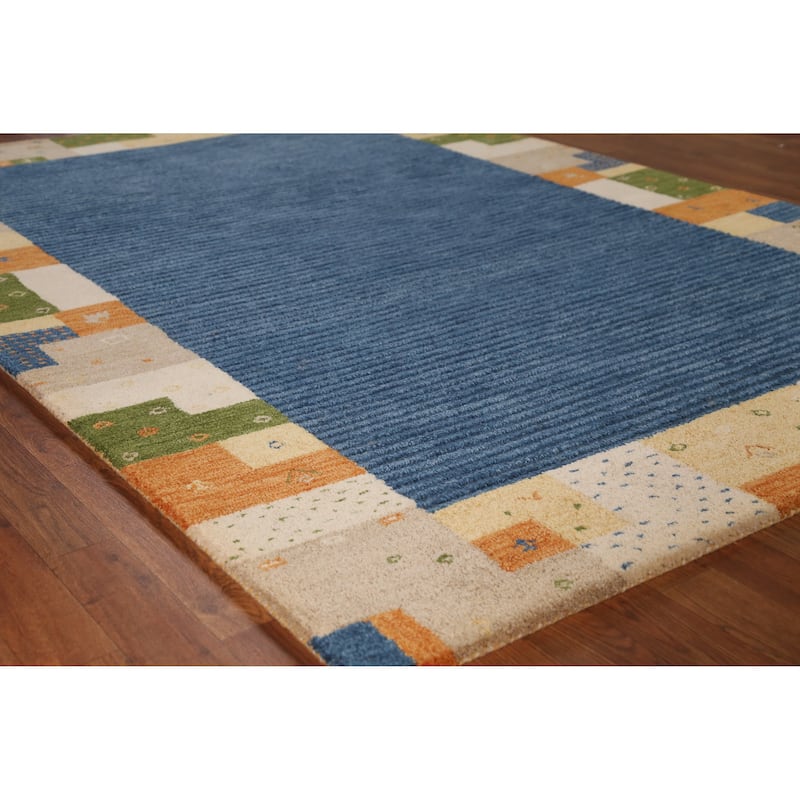 Blue Geometric Gabbeh Indian Area Rug Handmade Border Wool Carpet - 5'3" x 7'7" - 5'3" x 7'7" - Blue