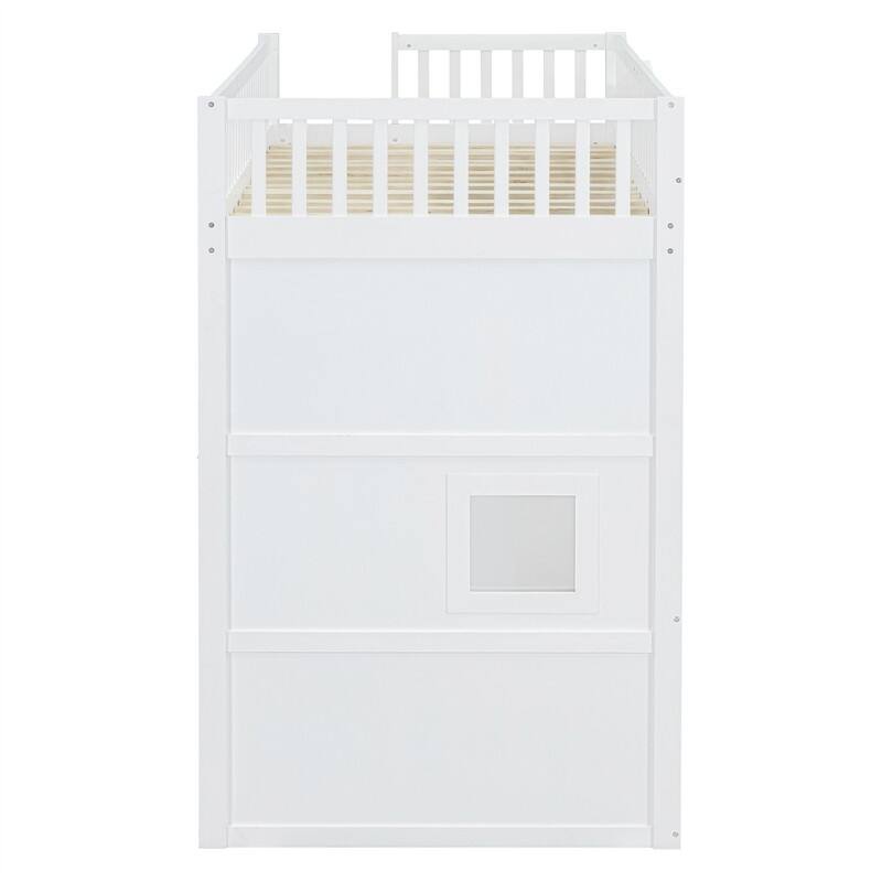 Solid Wood Loft Bed w/ Bulit-in Wardrobe, Hanging Rod & Storage Shelves, Twin/Full Size Playhouse Design Loft Bedframe w/ Window
