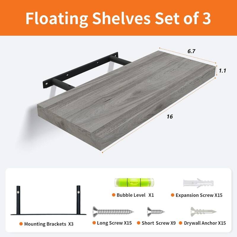 Floating Shelves for Wall Set of 3, 16" Rustic Wood Wall Shelves - 6.7"D x 16"W x 1"H