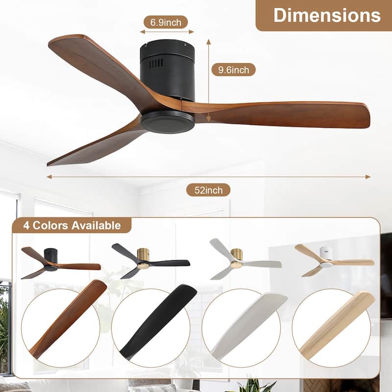 Sofucor 52" Low Profile Flush Mount Noiseless Ceiling Fan with Light and Remote,3 Solid Wood Blades,6 Speed Levels