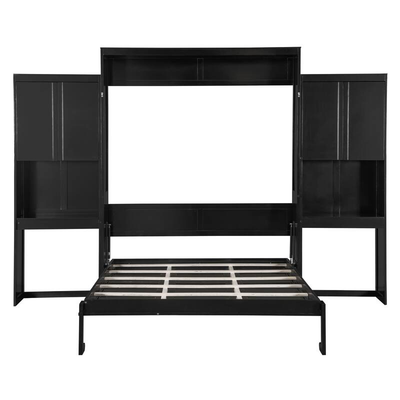 Heavy Duty Queen Murphy Bed with Desk, Multi-Functional Murphy Folding Bed with Vanity and Cabinets for Guest Rooms or Studios