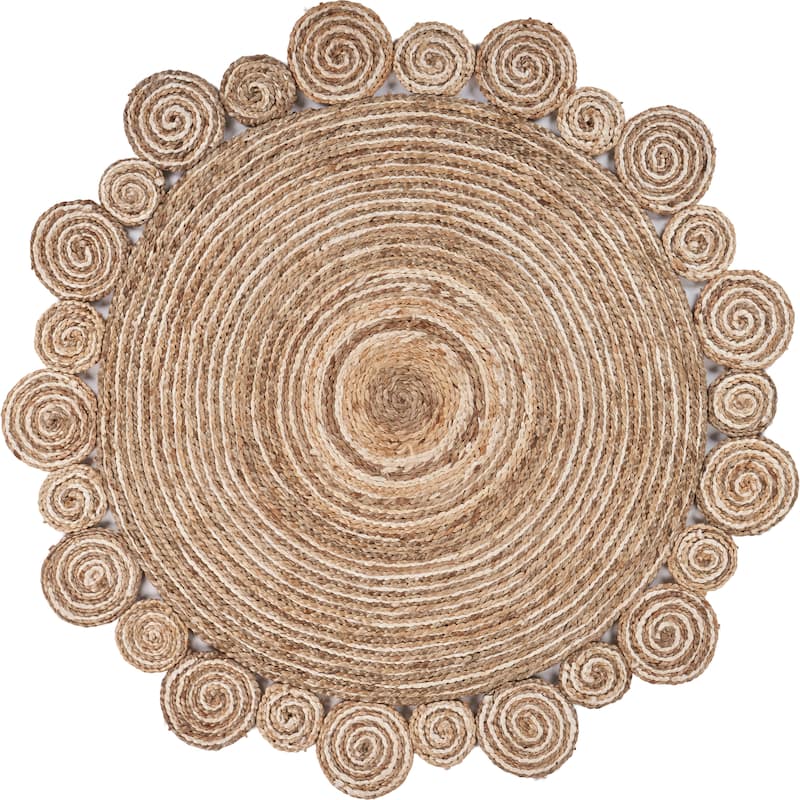 Bera Boho Braided Tan/Off-White Round Jute Indoor Area Rug by Sevita - 6' Round