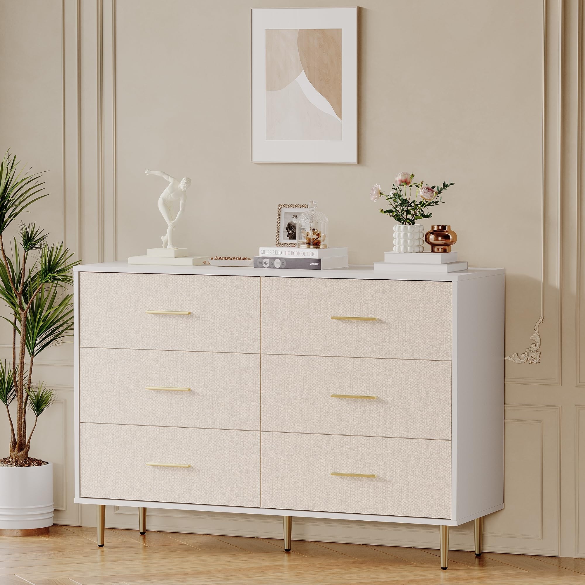 6 Drawer White Dresser for Bedroom, Modern Wooden Storage Chest with Gold Handles and Metal Legs