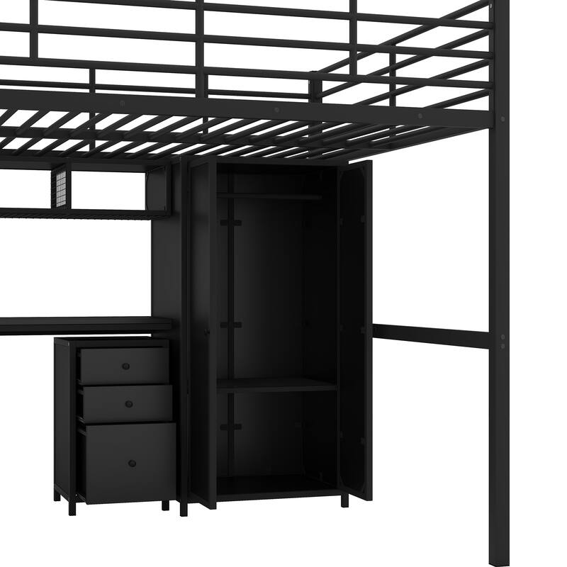Full Black Metal Loft Bed with Desk, Wardrobe, and Storage
