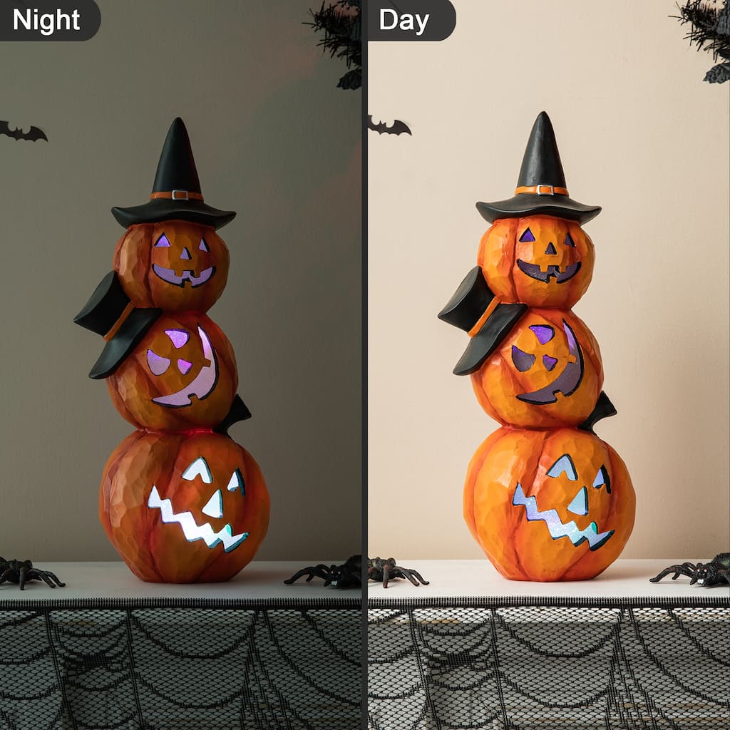 Glitzhome 14.25"H Halloween Lighted Stacked Resin Pumpkin Figurine Table Decor - Lighted Pumpkin