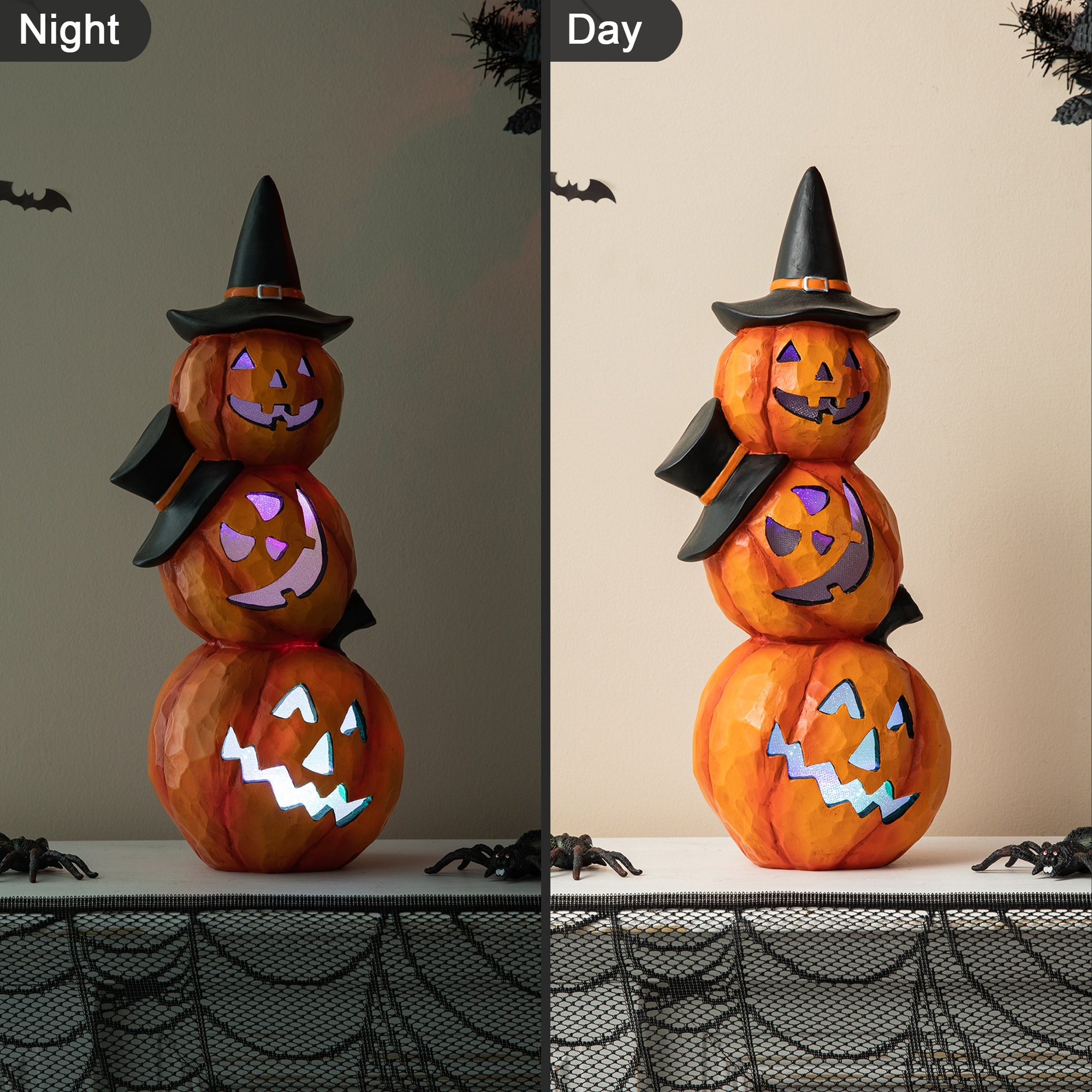 Glitzhome 14.25"H Halloween Lighted Stacked Resin Pumpkin Figurine Table Decor